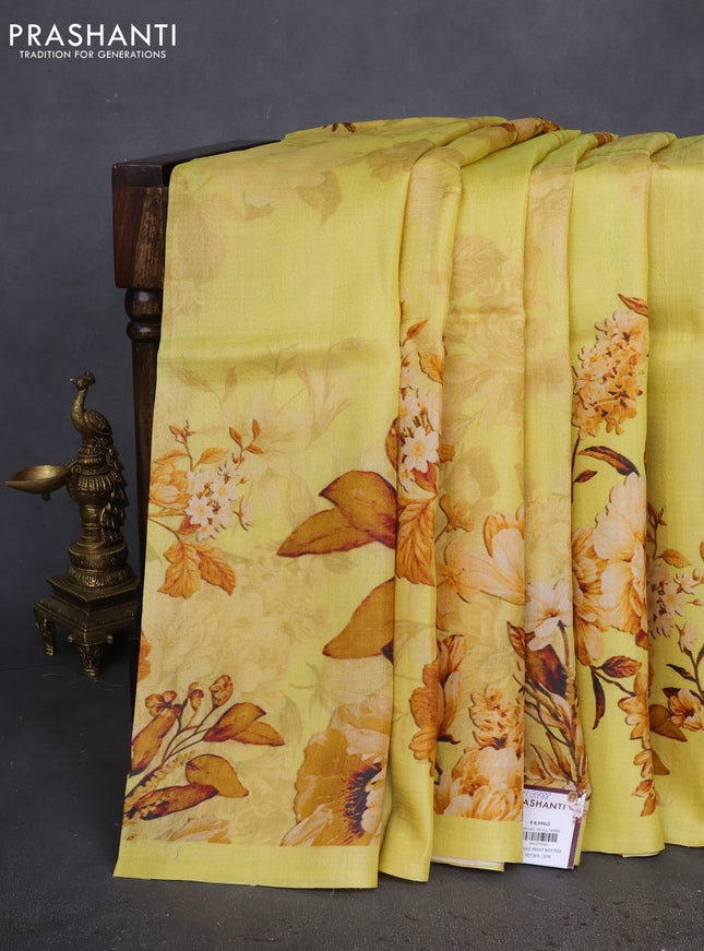 Pure tussar silk saree yellow with allover floral prints in borderless style