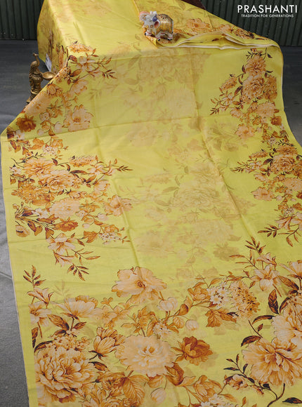 Pure tussar silk saree yellow with allover floral prints in borderless style