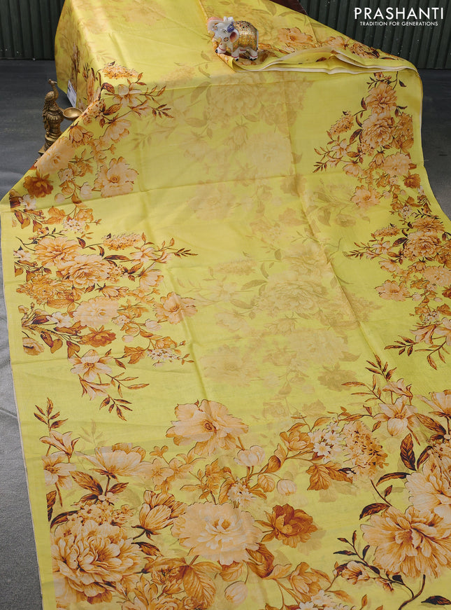 Pure tussar silk saree yellow with allover floral prints in borderless style