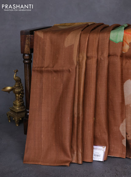 Pure tussar silk saree brown with floral prints in borderless style