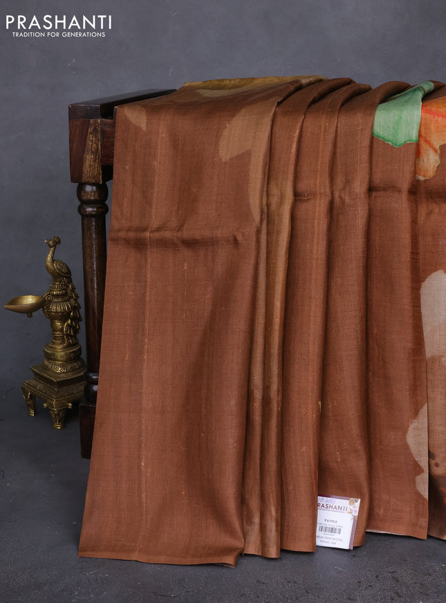 Pure tussar silk saree brown with floral prints in borderless style