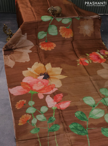 Pure tussar silk saree brown with floral prints in borderless style