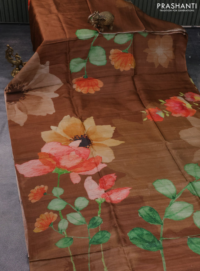 Pure tussar silk saree brown with floral prints in borderless style