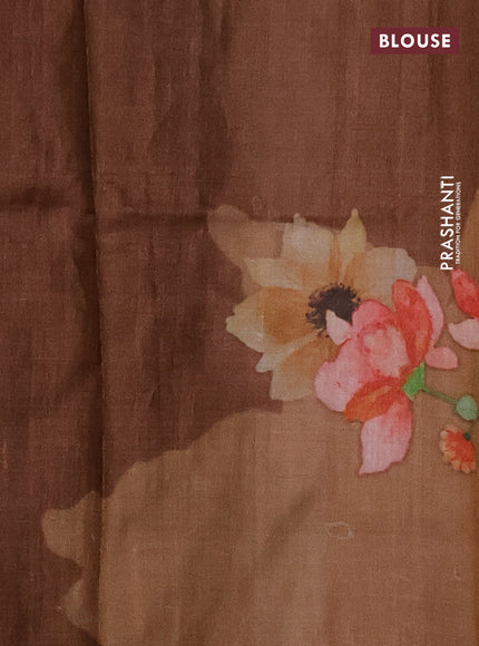 Pure tussar silk saree brown with floral prints in borderless style