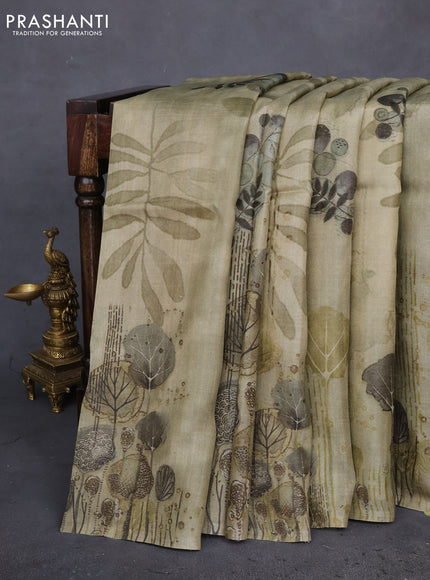 Pure tussar silk saree pastel green with allover prints in borderless style