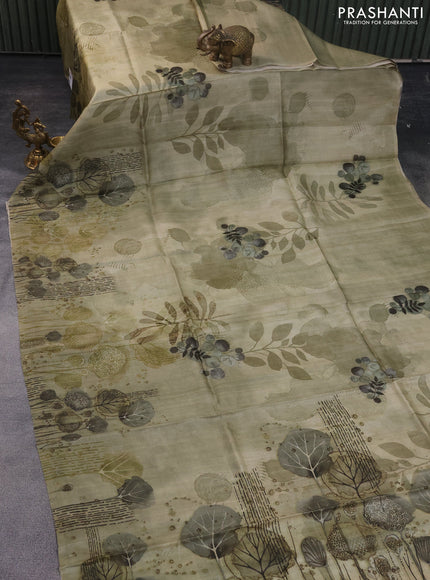 Pure tussar silk saree pastel green with allover prints in borderless style