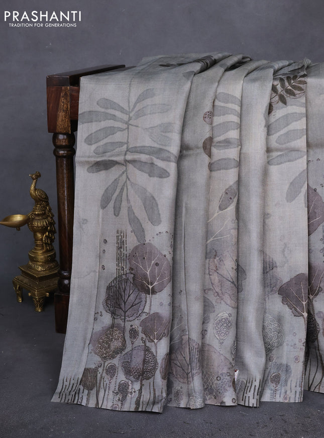 Pure tussar silk saree grey with allover prints in borderless style