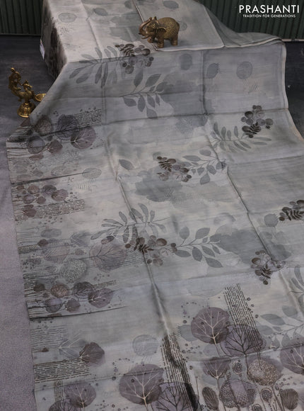 Pure tussar silk saree grey with allover prints in borderless style
