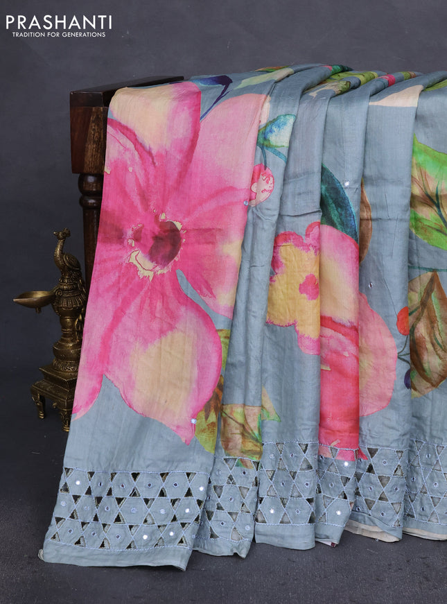 Pure tussar silk saree grey with floral digital prints & mirror work and cut work border
