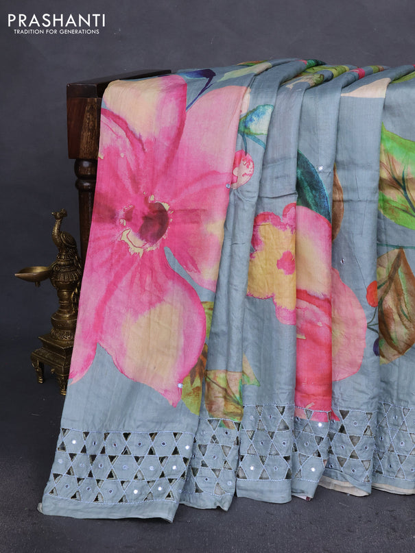 Pure tussar silk saree grey with floral digital prints & mirror work and cut work border