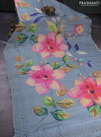 Pure tussar silk saree grey with floral digital prints & mirror work and cut work border
