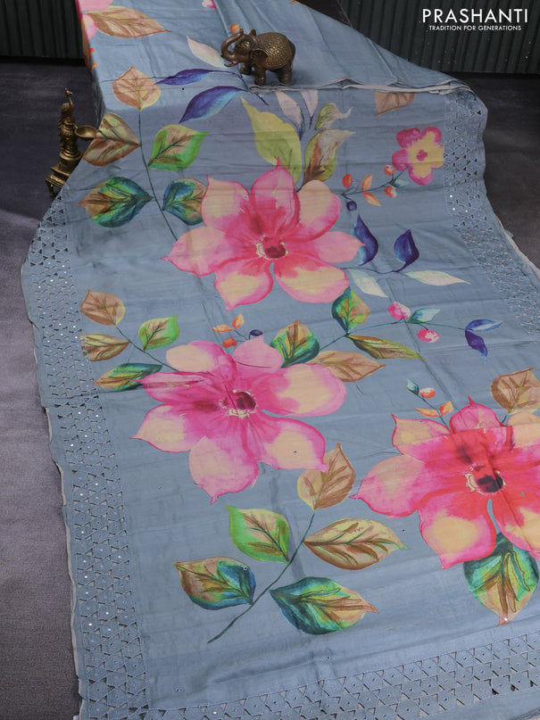 Pure tussar silk saree grey with floral digital prints & mirror work and cut work border
