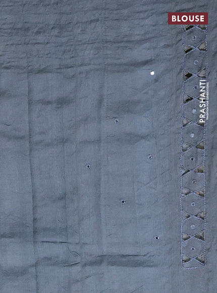 Pure tussar silk saree grey with floral digital prints & mirror work and cut work border