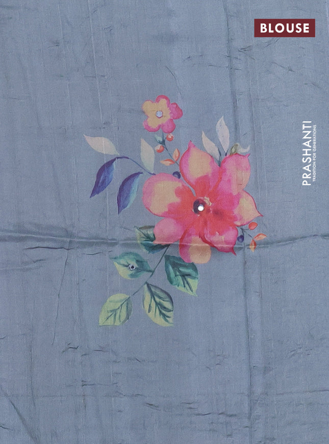 Pure tussar silk saree grey with floral digital prints & mirror work and cut work border