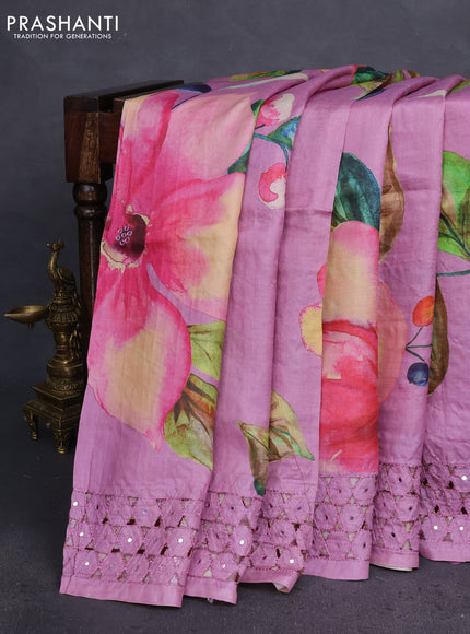 Pure tussar silk saree mauve pink with floral digital prints & mirror work and cut work border