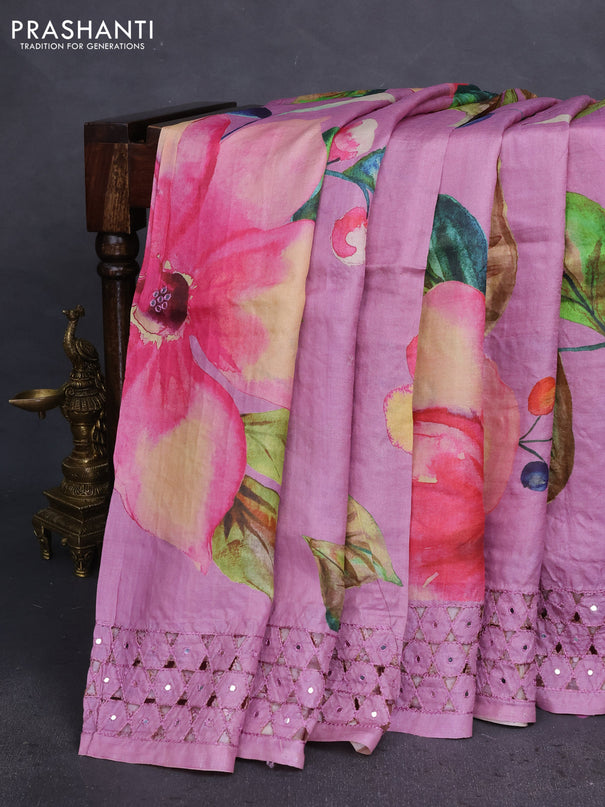 Pure tussar silk saree mauve pink with floral digital prints & mirror work and cut work border