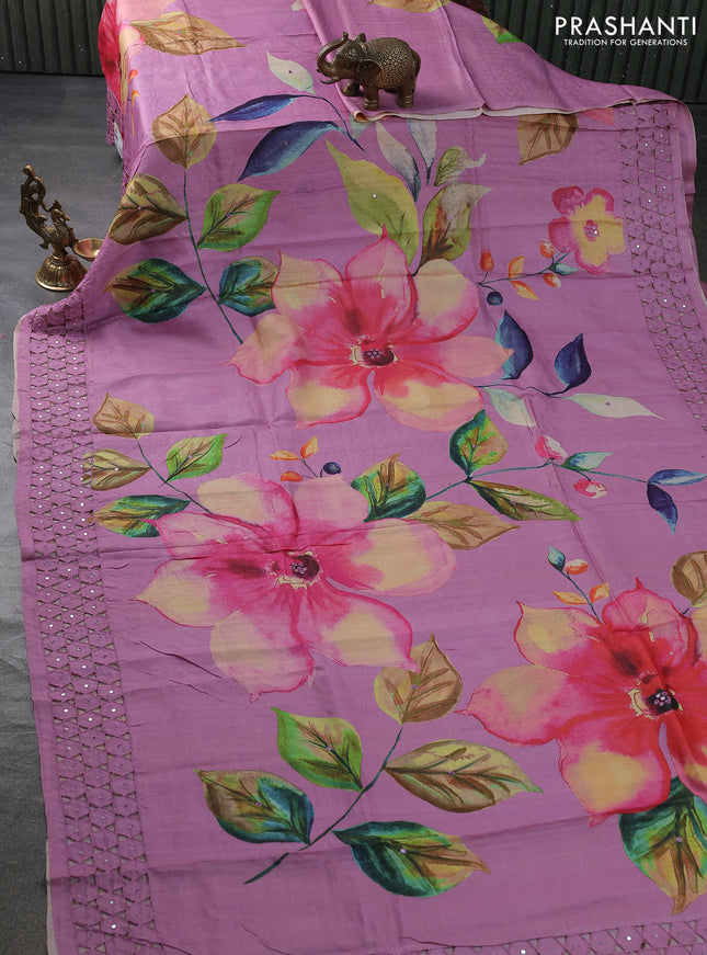 Pure tussar silk saree mauve pink with floral digital prints & mirror work and cut work border