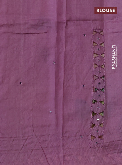 Pure tussar silk saree mauve pink with floral digital prints & mirror work and cut work border