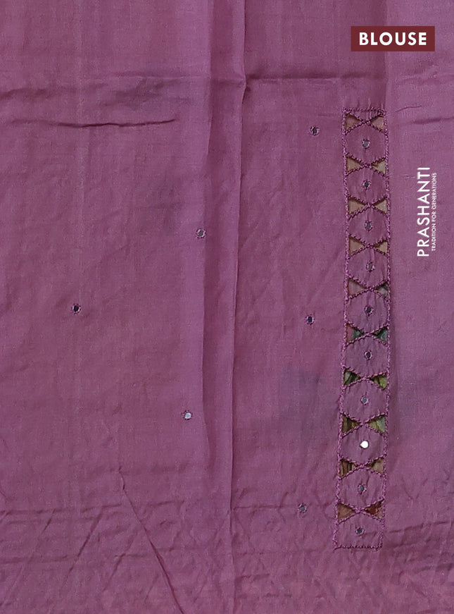 Pure tussar silk saree mauve pink with floral digital prints & mirror work and cut work border