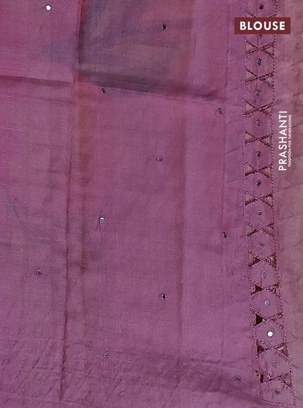 Pure tussar silk saree mauve pink with floral digital prints & mirror work and cut work border