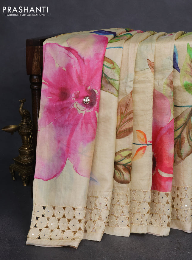 Pure tussar silk saree cream with floral digital prints & mirror work and cut work border