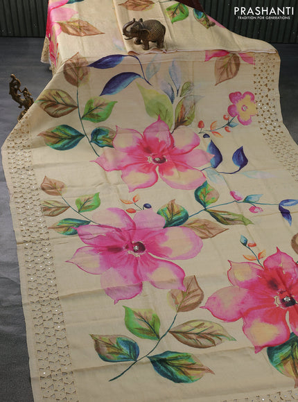 Pure tussar silk saree cream with floral digital prints & mirror work and cut work border
