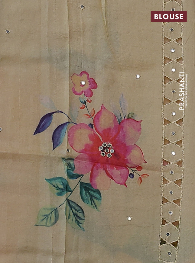 Pure tussar silk saree cream with floral digital prints & mirror work and cut work border