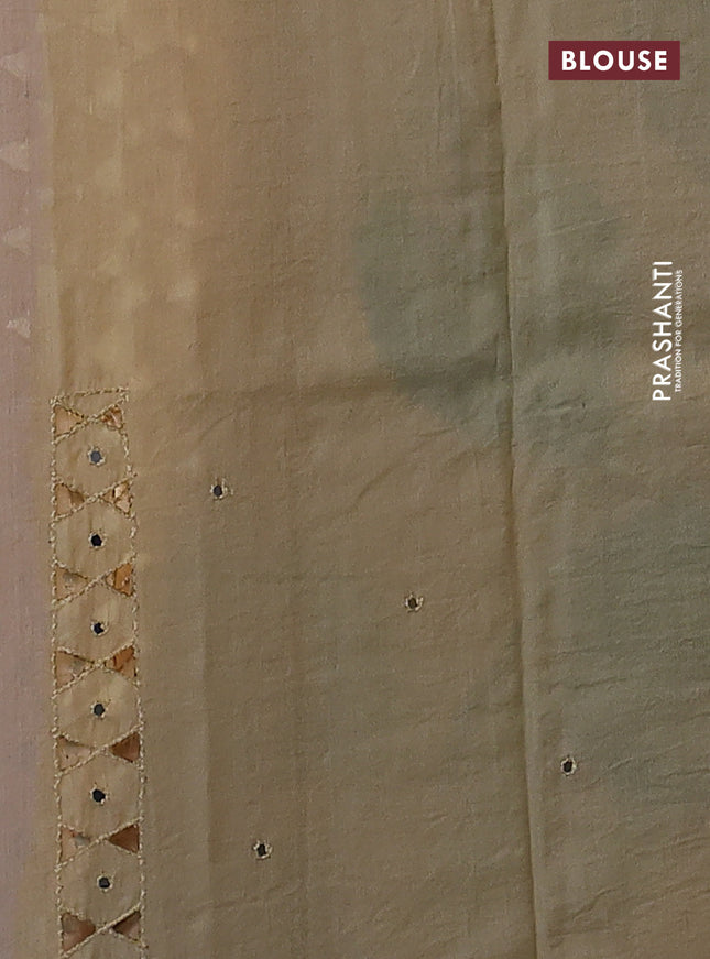 Pure tussar silk saree cream with floral digital prints & mirror work and cut work border