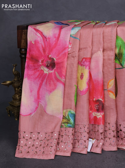 Pure tussar silk saree dark peach with floral digital prints & mirror work and cut work border