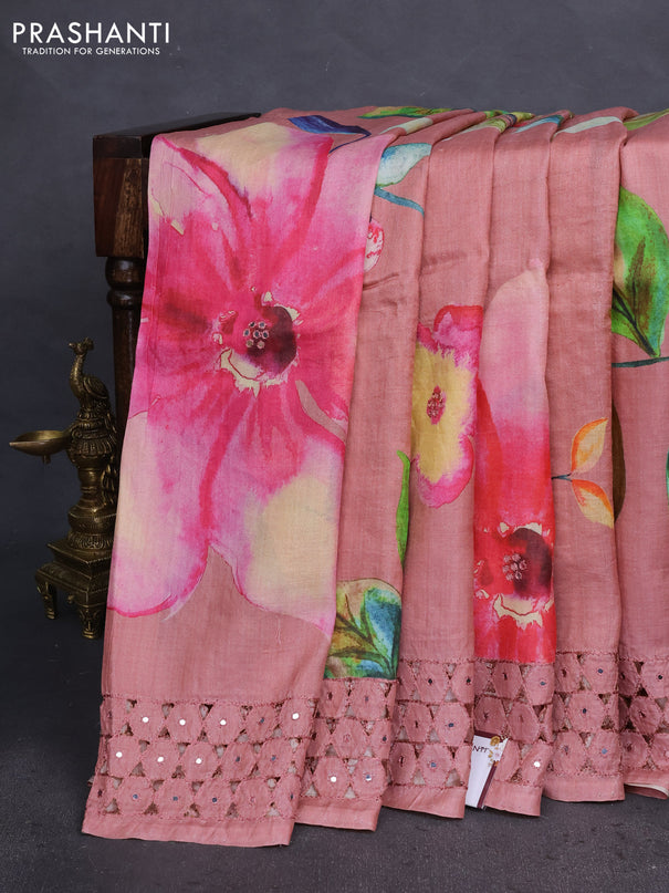 Pure tussar silk saree dark peach with floral digital prints & mirror work and cut work border