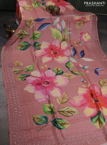 Pure tussar silk saree dark peach with floral digital prints & mirror work and cut work border