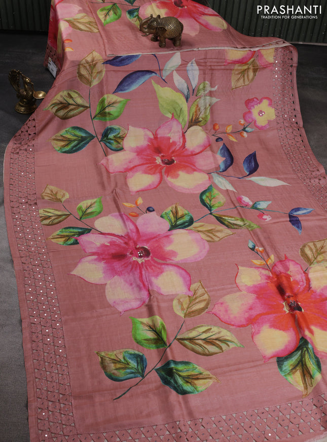 Pure tussar silk saree dark peach with floral digital prints & mirror work and cut work border