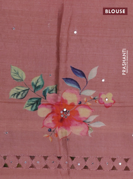 Pure tussar silk saree dark peach with floral digital prints & mirror work and cut work border