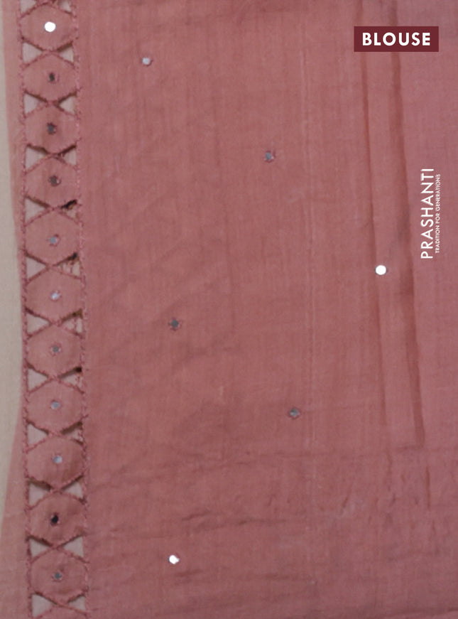 Pure tussar silk saree dark peach with floral digital prints & mirror work and cut work border