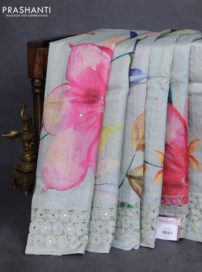 Pure tussar silk saree pastel green with floral digital prints & mirror work and cut work border
