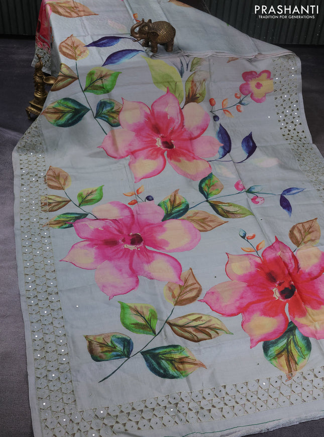 Pure tussar silk saree pastel green with floral digital prints & mirror work and cut work border