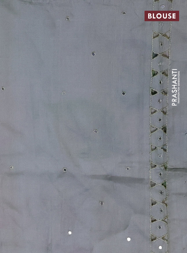 Pure tussar silk saree pastel green with floral digital prints & mirror work and cut work border