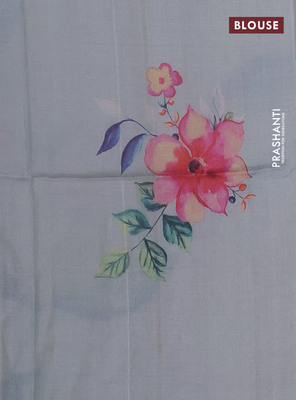 Pure tussar silk saree pastel green with floral digital prints & mirror work and cut work border