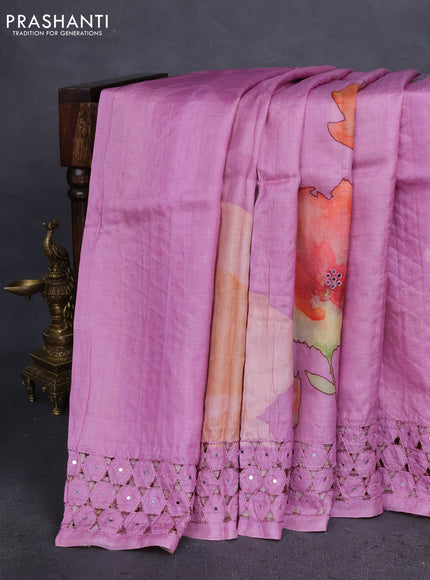 Pure tussar silk saree mauve pink with floral digital prints & mirror work and cut work border