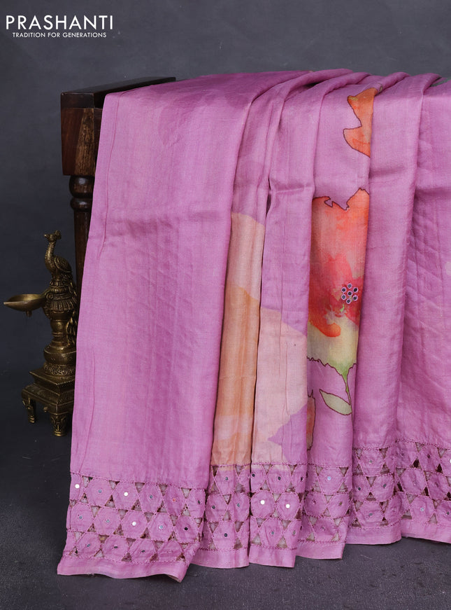 Pure tussar silk saree mauve pink with floral digital prints & mirror work and cut work border