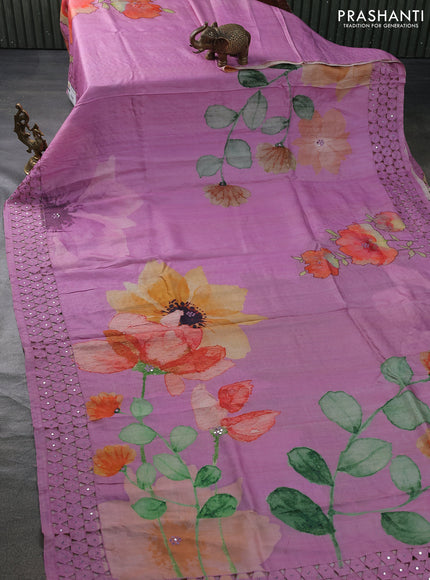 Pure tussar silk saree mauve pink with floral digital prints & mirror work and cut work border