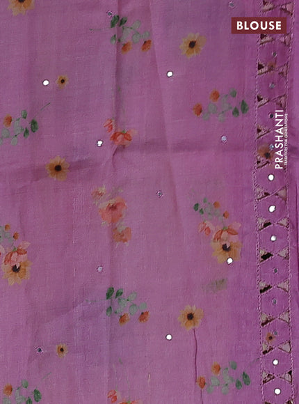 Pure tussar silk saree mauve pink with floral digital prints & mirror work and cut work border