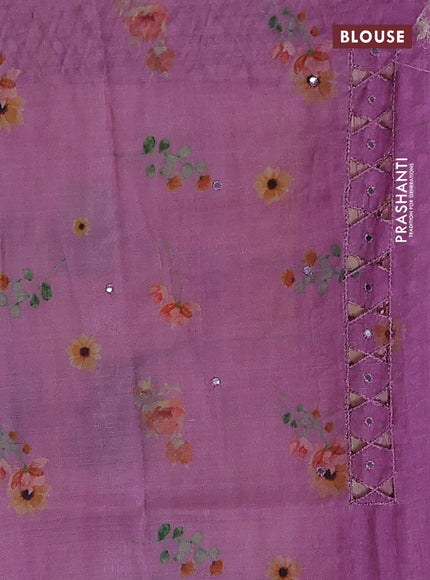 Pure tussar silk saree mauve pink with floral digital prints & mirror work and cut work border