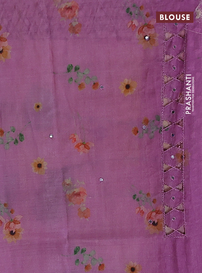 Pure tussar silk saree mauve pink with floral digital prints & mirror work and cut work border