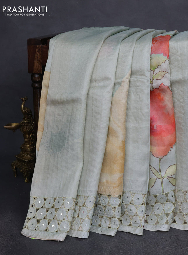 Pure tussar silk saree pastel green with floral digital prints & mirror work and cut work border