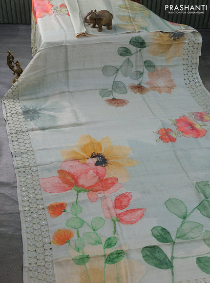 Pure tussar silk saree pastel green with floral digital prints & mirror work and cut work border