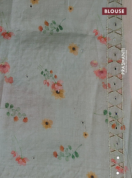 Pure tussar silk saree pastel green with floral digital prints & mirror work and cut work border