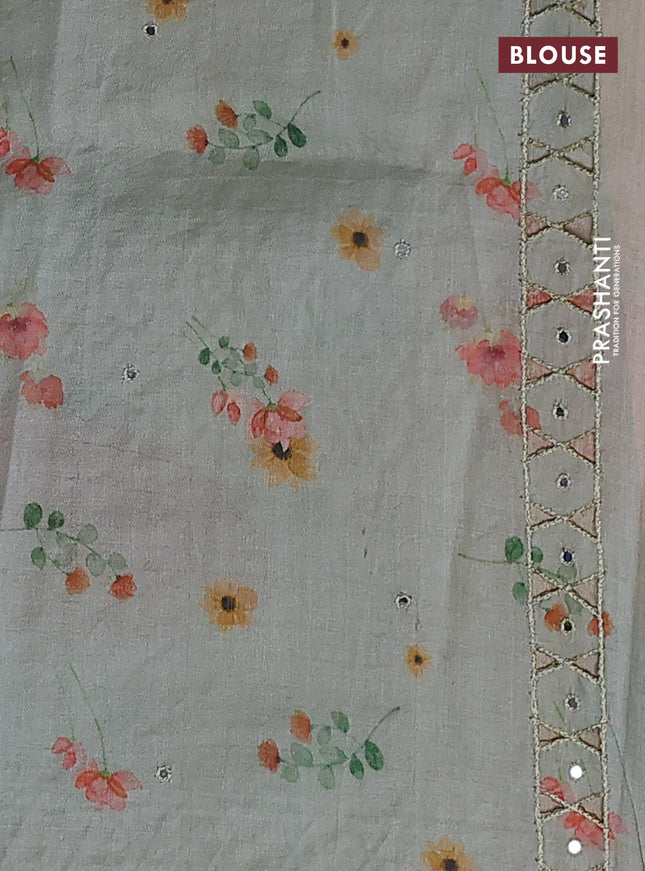 Pure tussar silk saree pastel green with floral digital prints & mirror work and cut work border