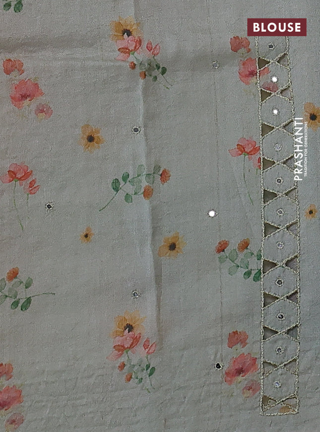 Pure tussar silk saree pastel green with floral digital prints & mirror work and cut work border