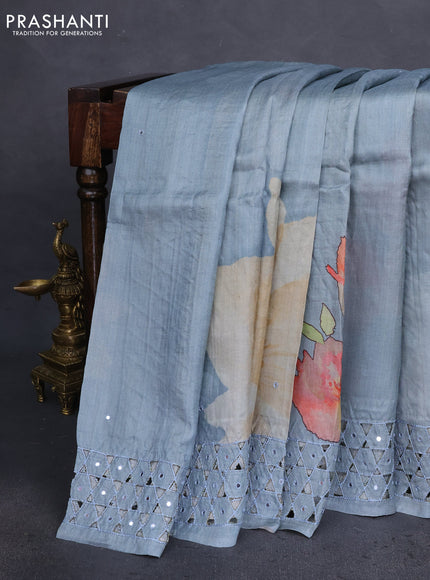 Pure tussar silk saree grey with floral digital prints & mirror work and cut work border